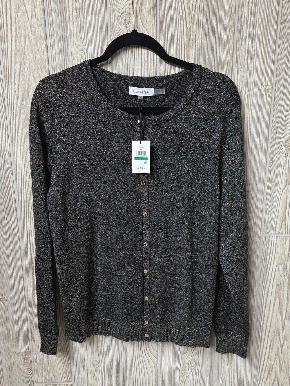 Calvin Klein Charcoal Black and Metllic Gold Thread Cardigan Sweater Women L NWT